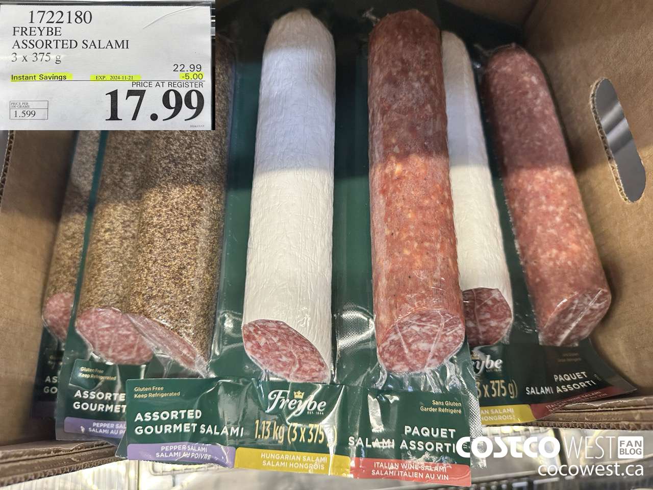 1722180 FREYBE ASSORTED SALAMI 3 x 375 g ($5.00 INSTANT SAVINGS EXPIRES ON 2024-11-21) $17.99