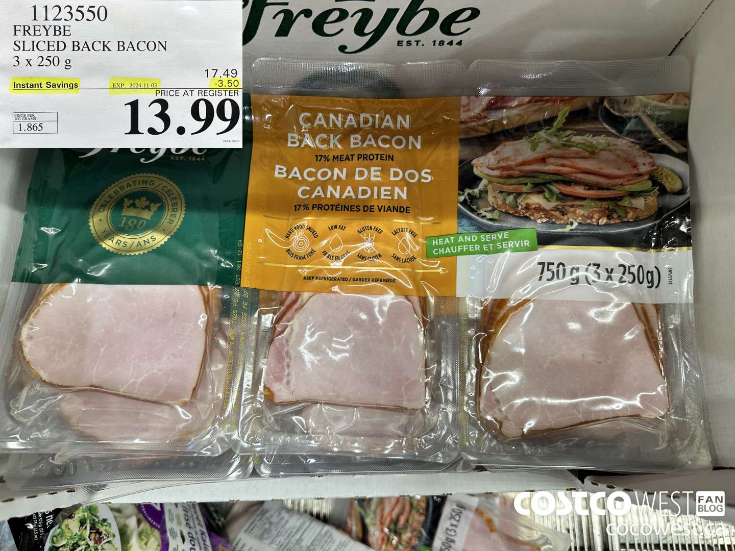 1123550 FREYBE SLICED BACK BACON 3 x 250 g ($3.50 INSTANT SAVINGS EXPIRES ON 2024-11-03) $13.99