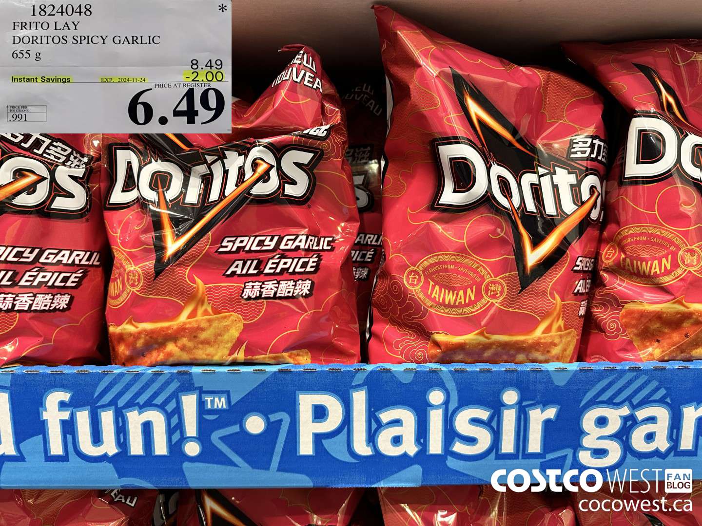 1824048 FRITO LAY DORITOS SPICY GARLIC 655 G ($2.00 INSTANT SAVINGS EXPIRES ON 2024-11-24) $6.49