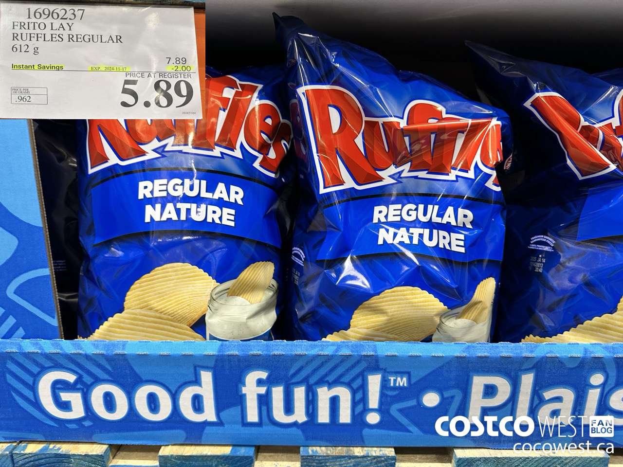 1696237 FRITO LAY RUFFLES REGULAR 612 G ($2.00 INSTANT SAVINGS EXPIRES ON 2024-11-17) $5.89