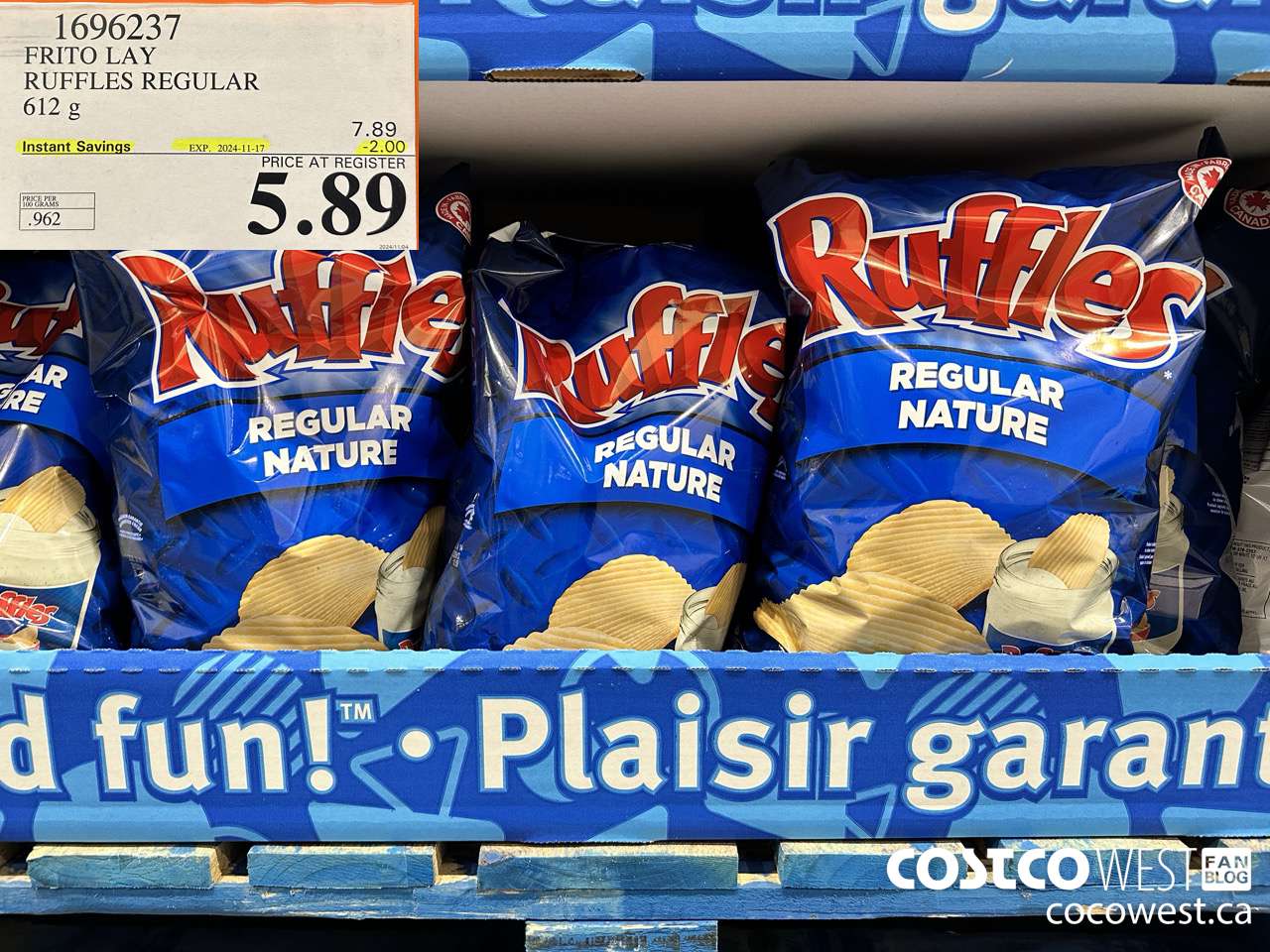 1696237 FRITO LAY RUFFLES REGULAR 612 G ($2.00 INSTANT SAVINGS EXPIRES ON 2024-11-17) $5.89
