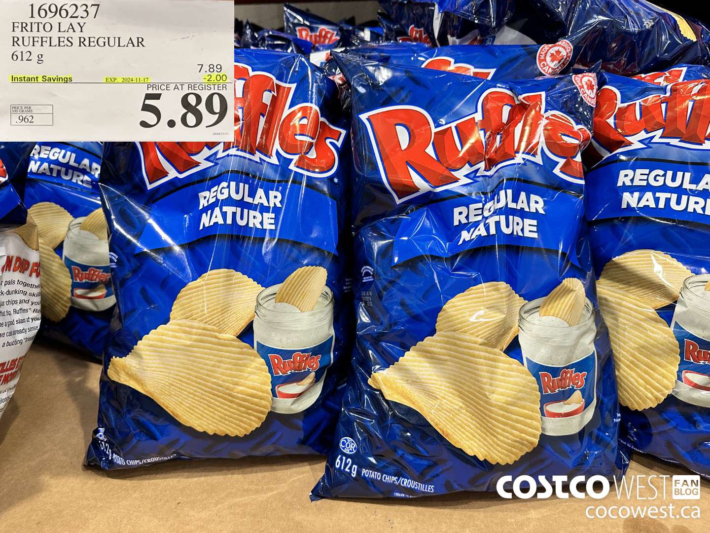 1696237 FRITO LAY RUFFLES REGULAR 612 G ($2.00 INSTANT SAVINGS EXPIRES ON 2024-11-17) $5.89