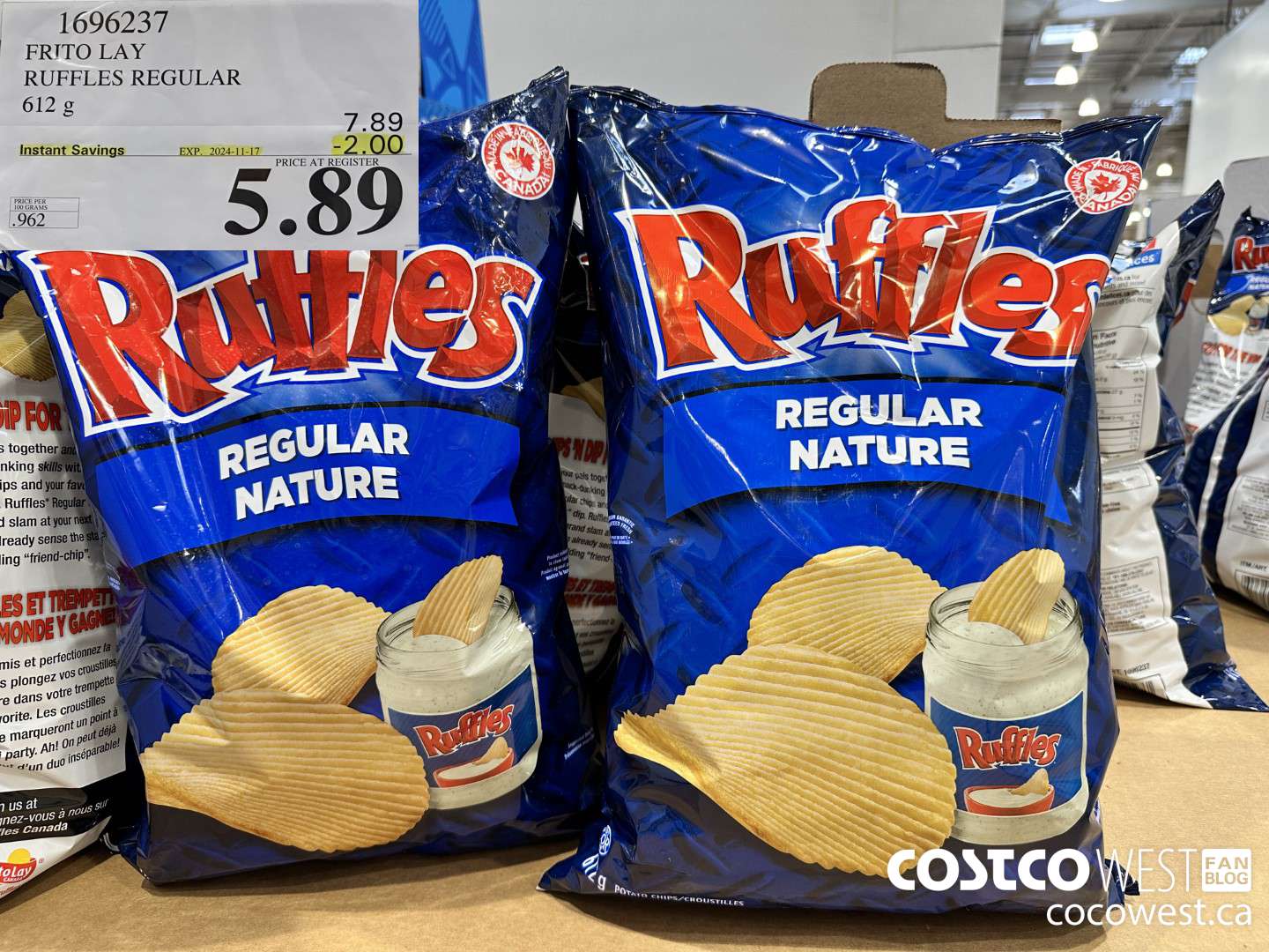 1696237 FRITO LAY RUFFLES REGULAR 612 G ($2.00 INSTANT SAVINGS EXPIRES ON 2024-11-17) $5.89