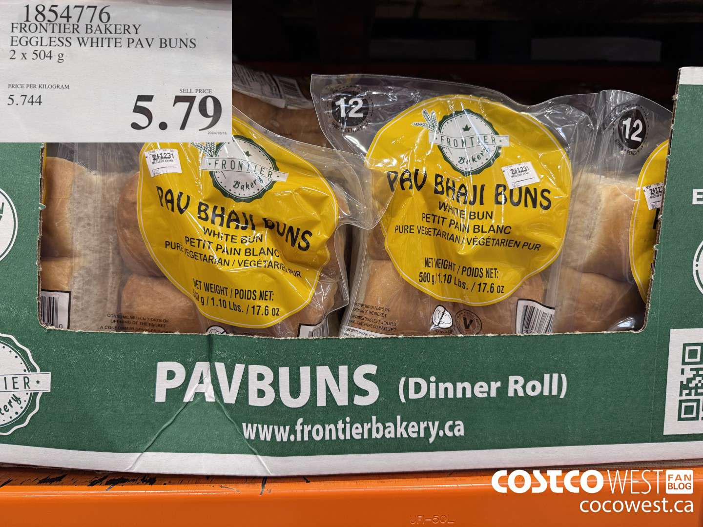 1854776 FRONTIER BAKERY EGGLESS WHITE PAV BUNS 2 X 504G $5.79