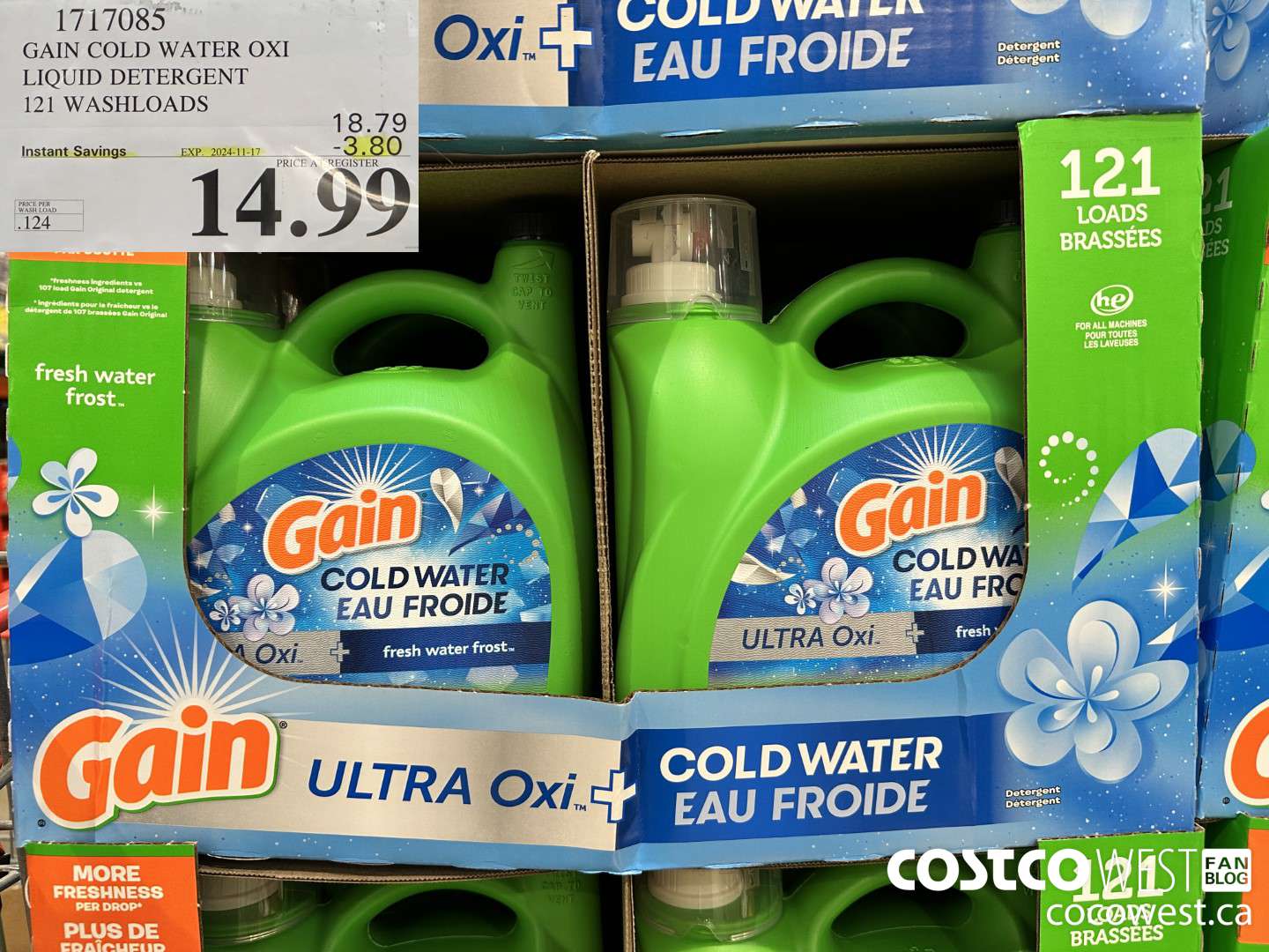 1717085 GAIN COLD WATER OXI LIQUID DETERGENT 121 WASHLOADS ($3.80 INSTANT SAVINGS EXPIRES ON 2024-11-17) $14.99
