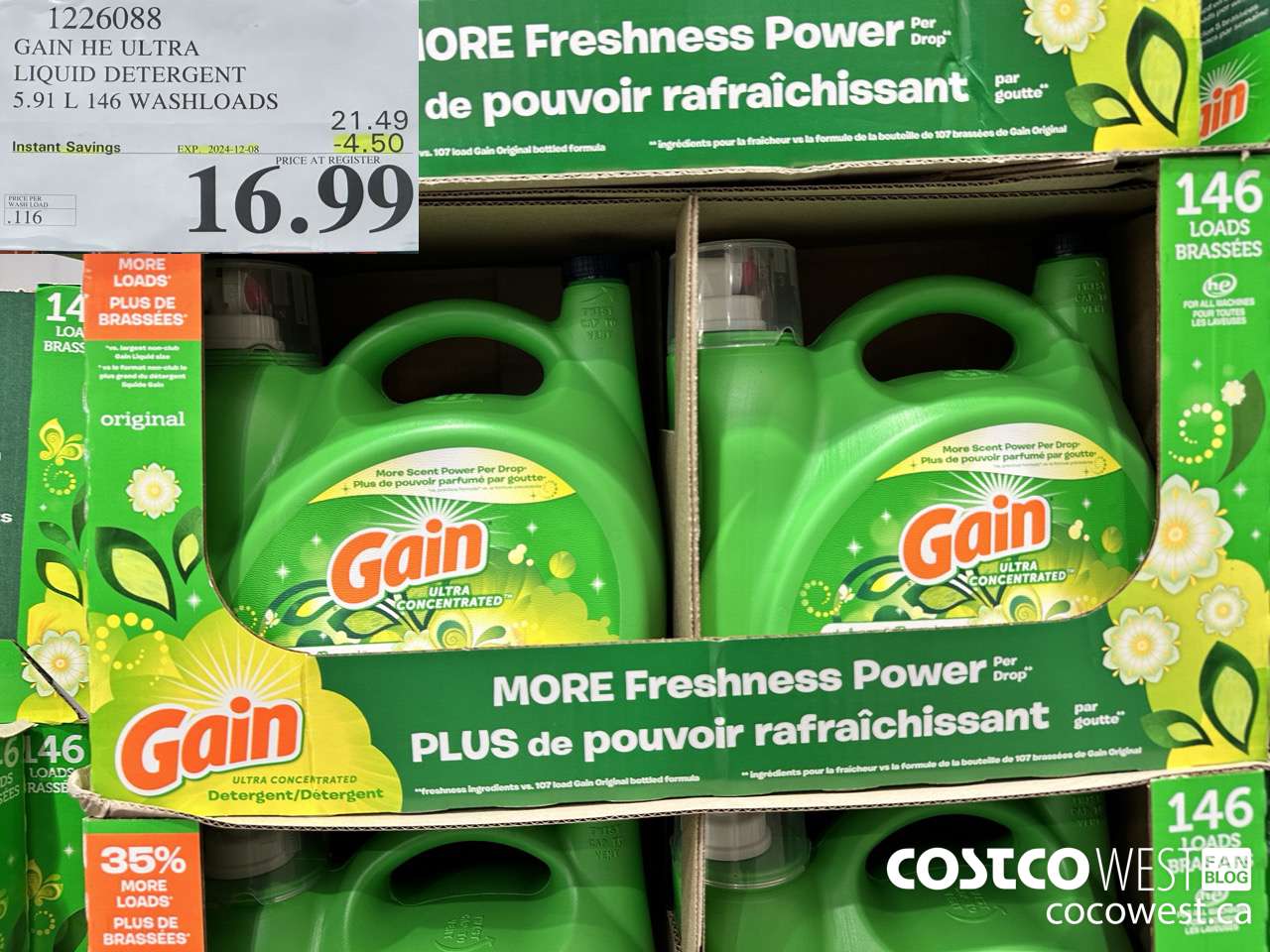 1226088 GAIN HE ULTRA LIQUID DETERGENT 5.91 L 146 WASHLOADS ($4.50 INSTANT SAVINGS EXPIRES ON 2024-12-08) $16.99