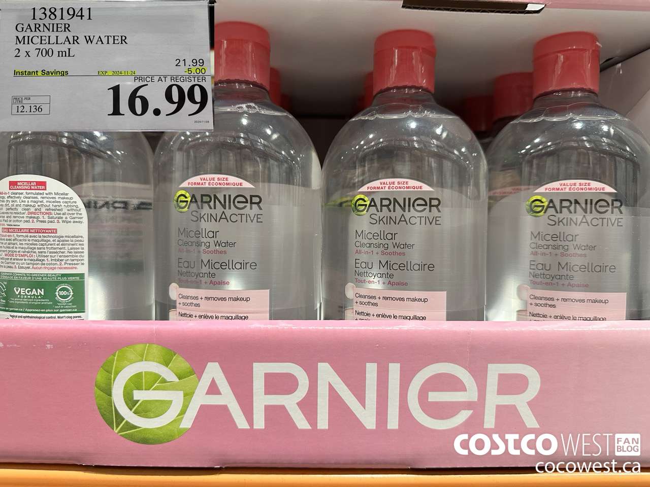 1381941 GARNIER MICELLAR WATER 2 x 700 mL  ($5.00 INSTANT SAVINGS EXPIRES ON 2024-11-24) $16.99