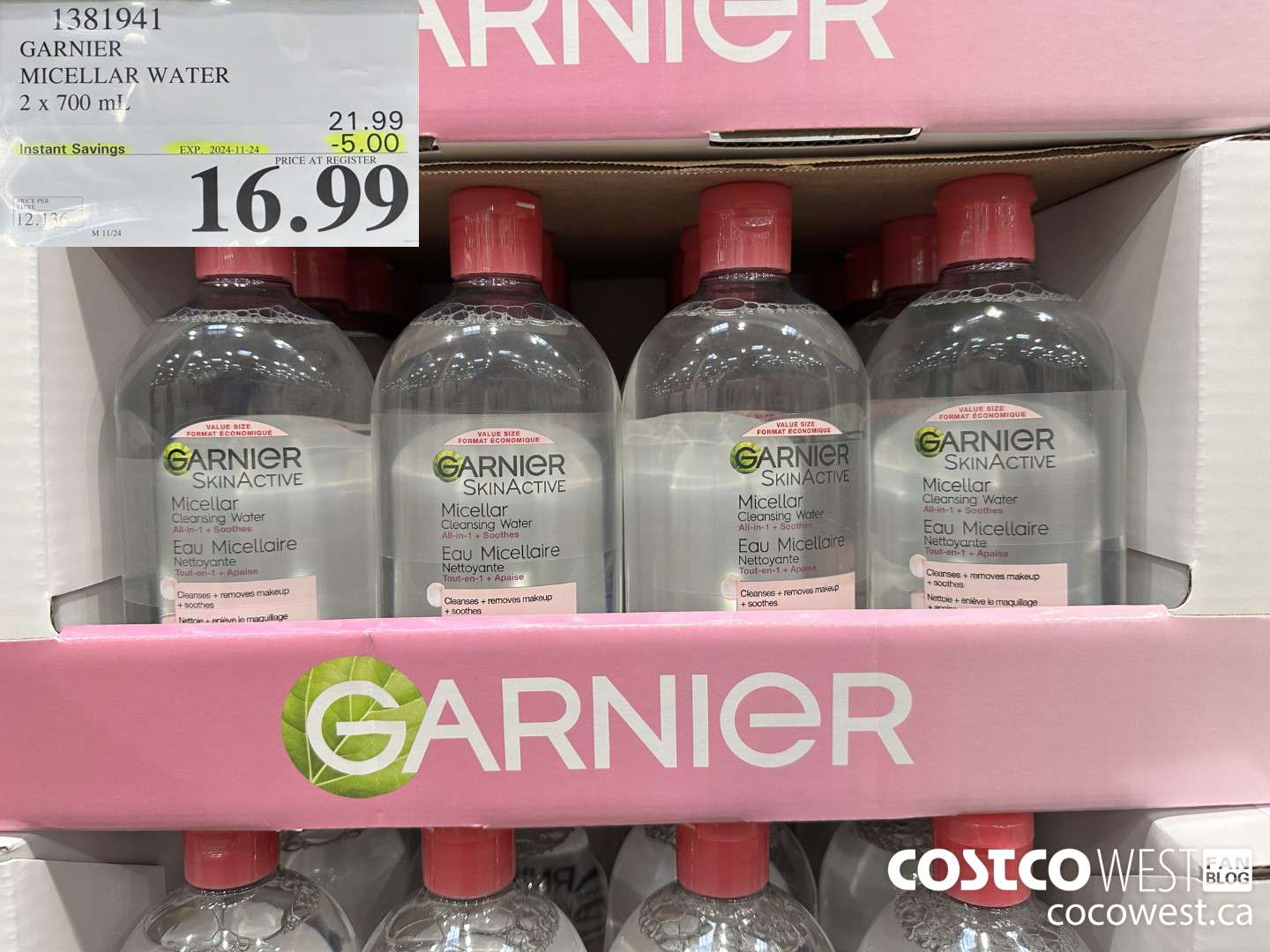 1381941 GARNIER MICELLAR WATER 2 x 700 mL  ($5.00 INSTANT SAVINGS EXPIRES ON 2024-11-24) $16.99