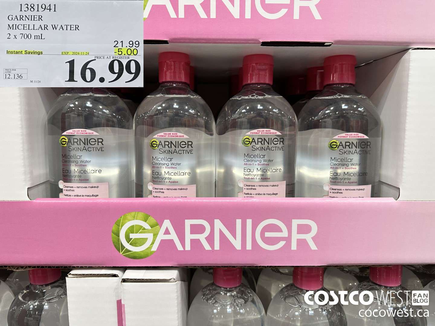 1381941 GARNIER MICELLAR WATER 2 x 700 mL  ($5.00 INSTANT SAVINGS EXPIRES ON 2024-11-24) $16.99
