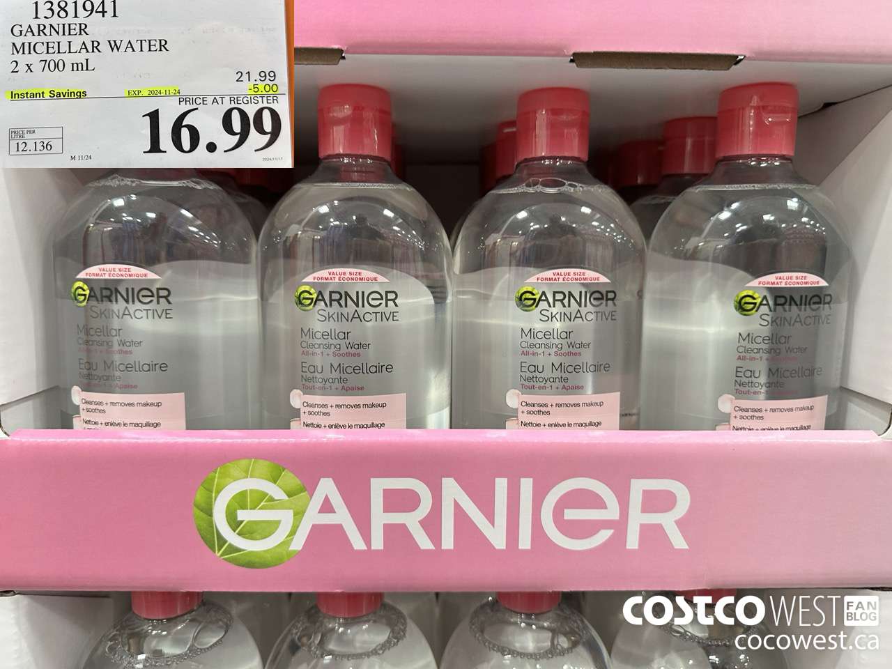 1381941 GARNIER MICELLAR WATER 2 x 700 mL  ($5.00 INSTANT SAVINGS EXPIRES ON 2024-11-24) $16.99