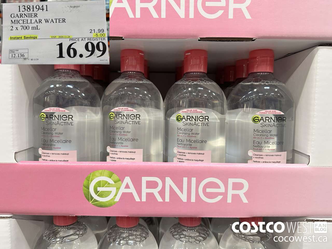1381941 GARNIER MICELLAR WATER 2 x 700 mL  ($5.00 INSTANT SAVINGS EXPIRES ON 2024-11-24) $16.99