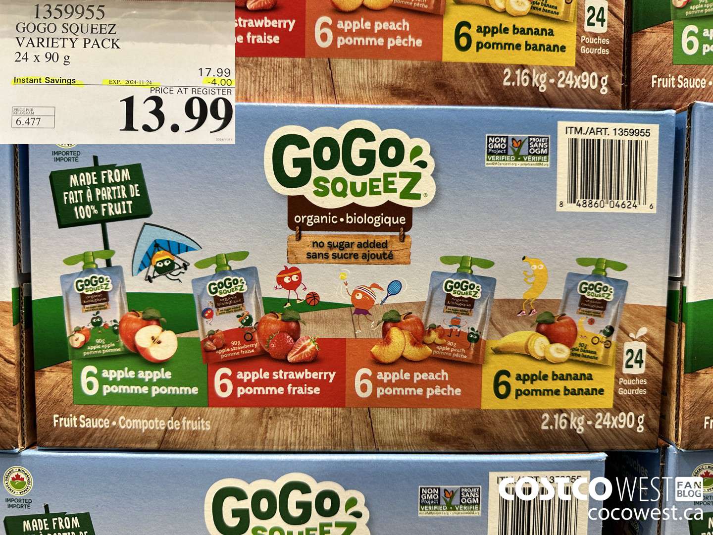 1359955 GOGO SQUEEZ ORGANIC VARIETY PACK 24 x 90g ($4.00 INSTANT SAVINGS EXPIRES ON 2024-11-24) $13.99