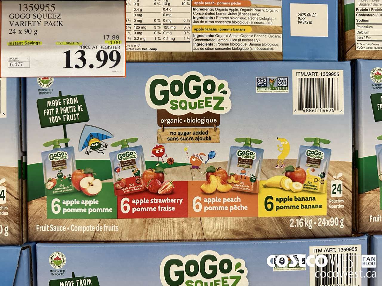 1359955 GOGO SQUEEZ ORGANIC VARIETY PACK 24 x 90g ($4.00 INSTANT SAVINGS EXPIRES ON 2024-11-24) $13.99