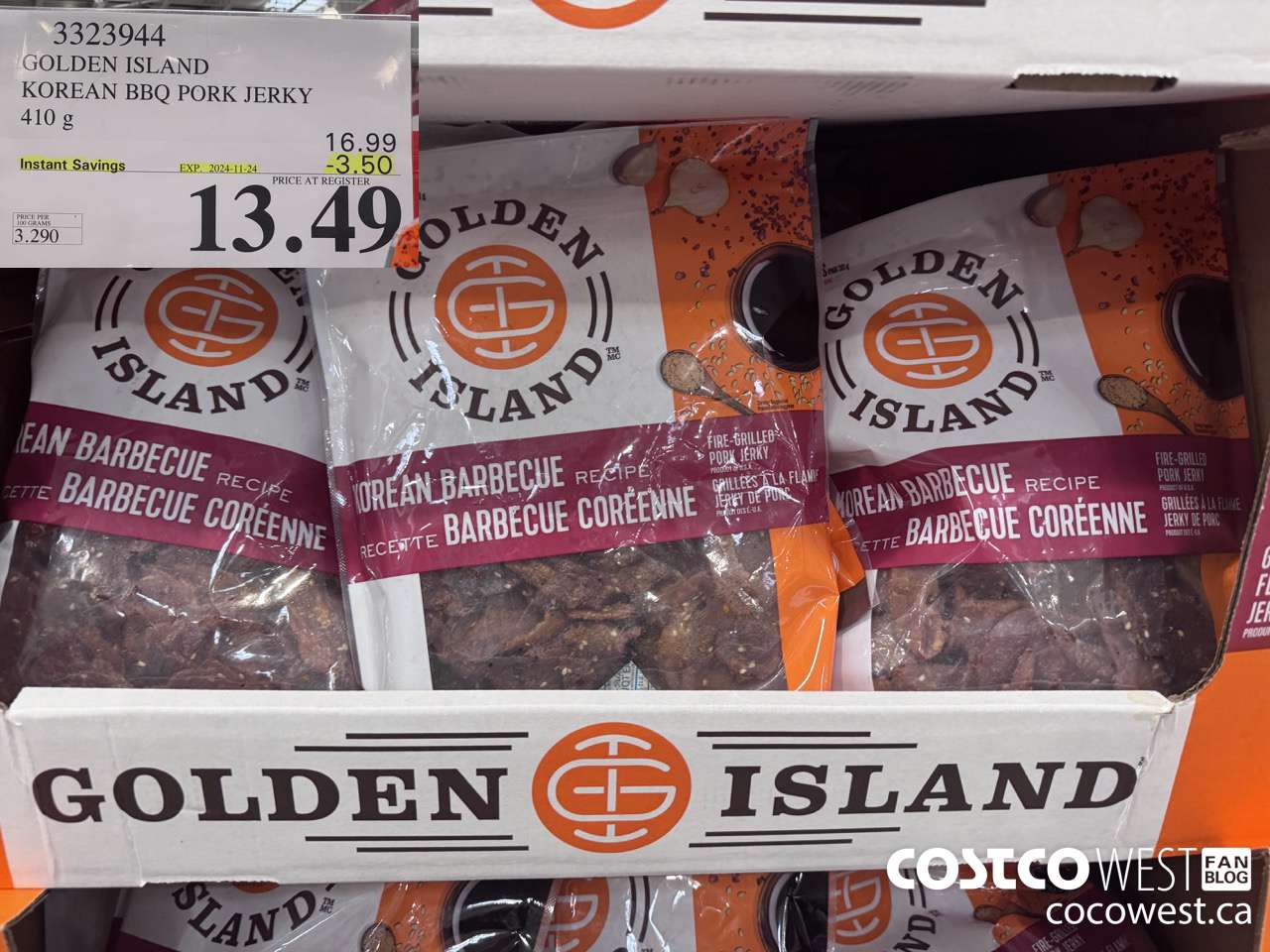 3323944 GOLDEN ISLAND KOREAN BBQ PORK JERKY 410G ($3.50 INSTANT SAVINGS EXPIRES ON 2024-11-24) $13.49