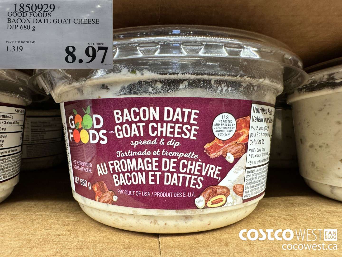 1850929 GOOD FOODS BACON DATE GOAT CHEESE DIP 680G $8.97