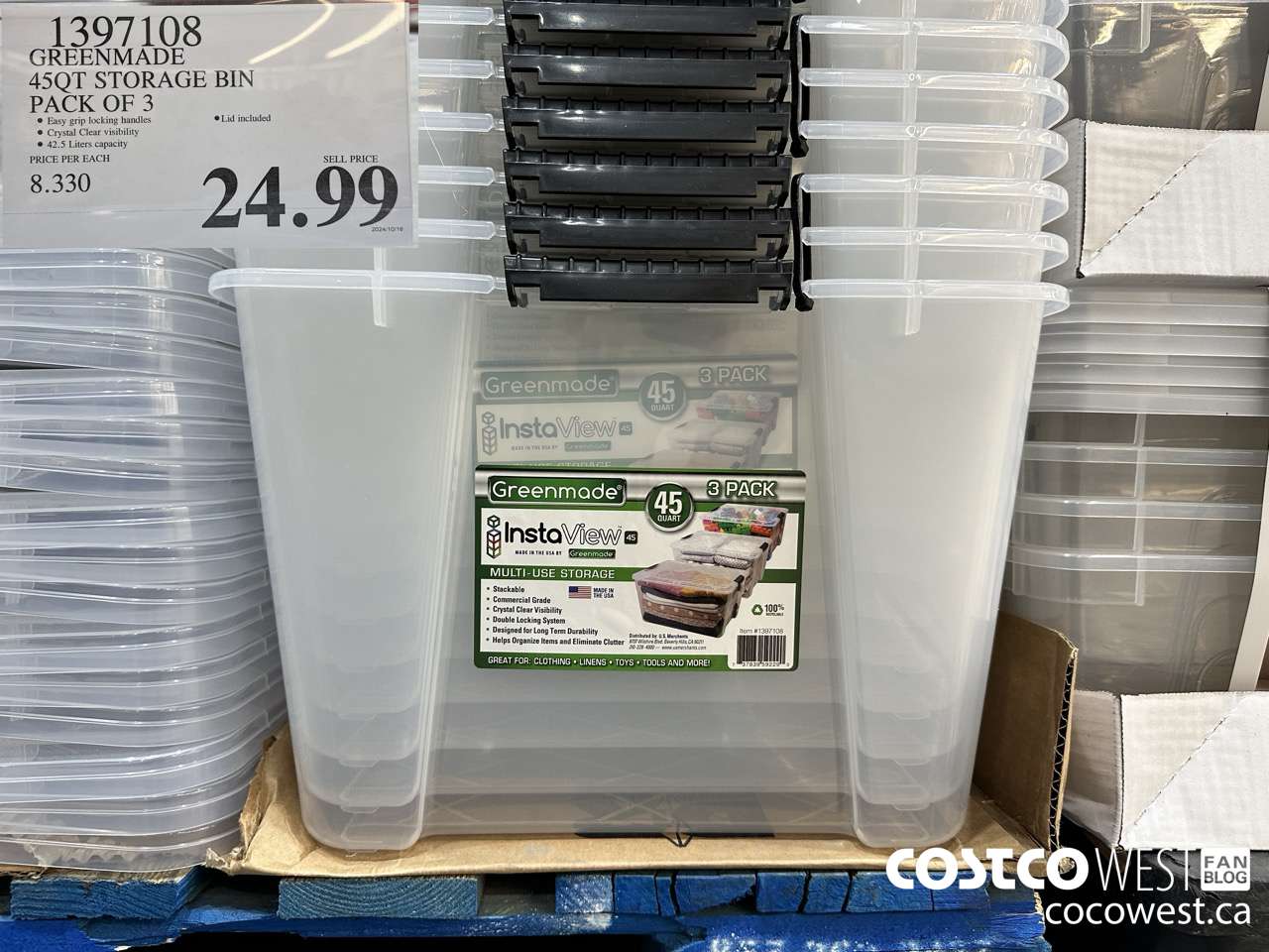 1397108 GREENMADE 45QT 3PK STORAGE LOCKING HANDLES W/LID $24.99