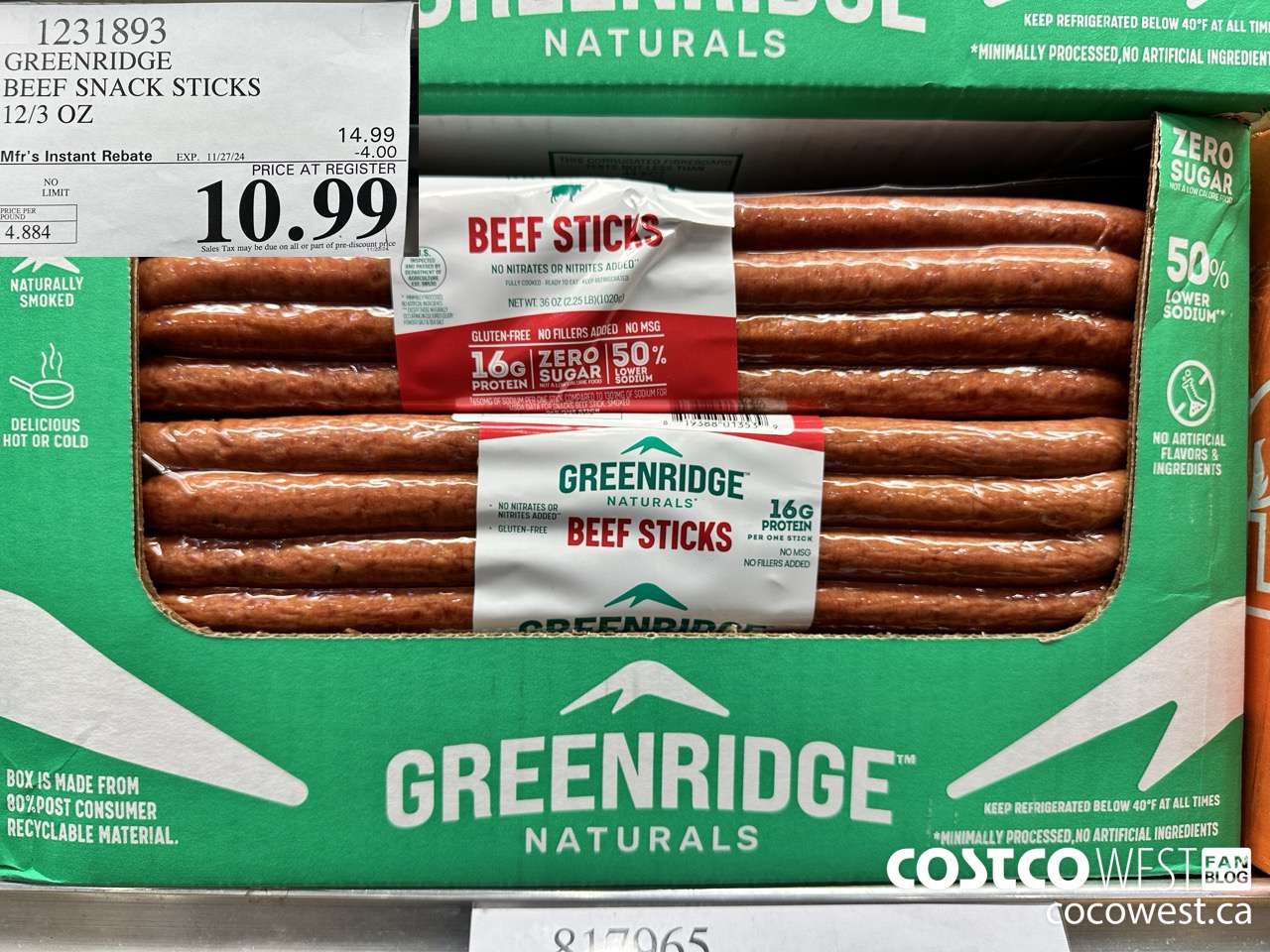 1231893 GREENRIDGE FARM BEEF SNACK STICKS 12/3 OZ ($4.00 INSTANT SAVINGS EXPIRES ON 2024-11-27) $10.99