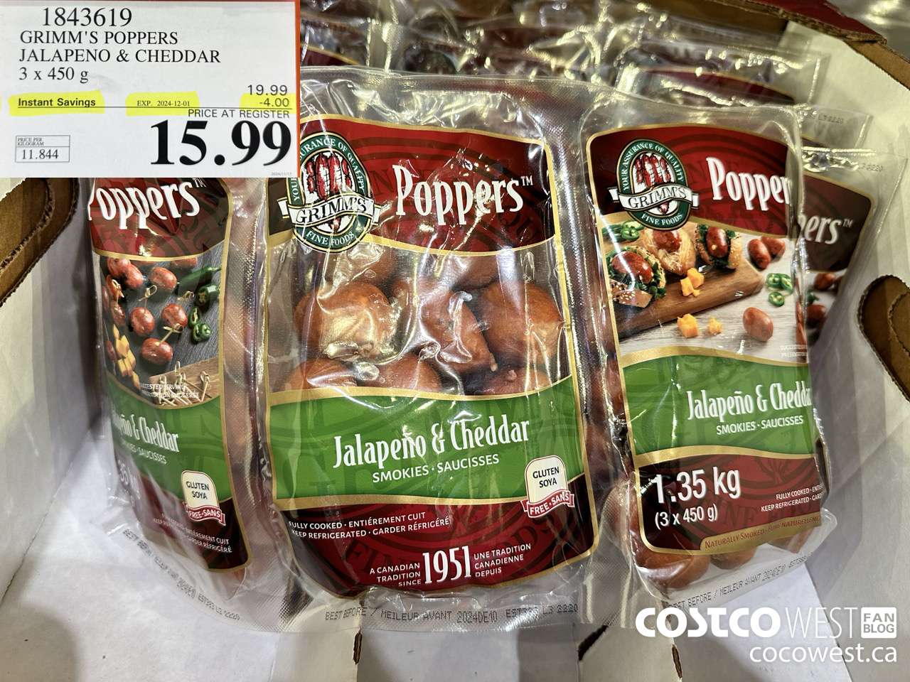 1843619 GRIMM'S POPPERS JALAPENO & CHEDDAR 3 X450G ($4.00 INSTANT SAVINGS EXPIRES ON 2024-12-01) $15.99