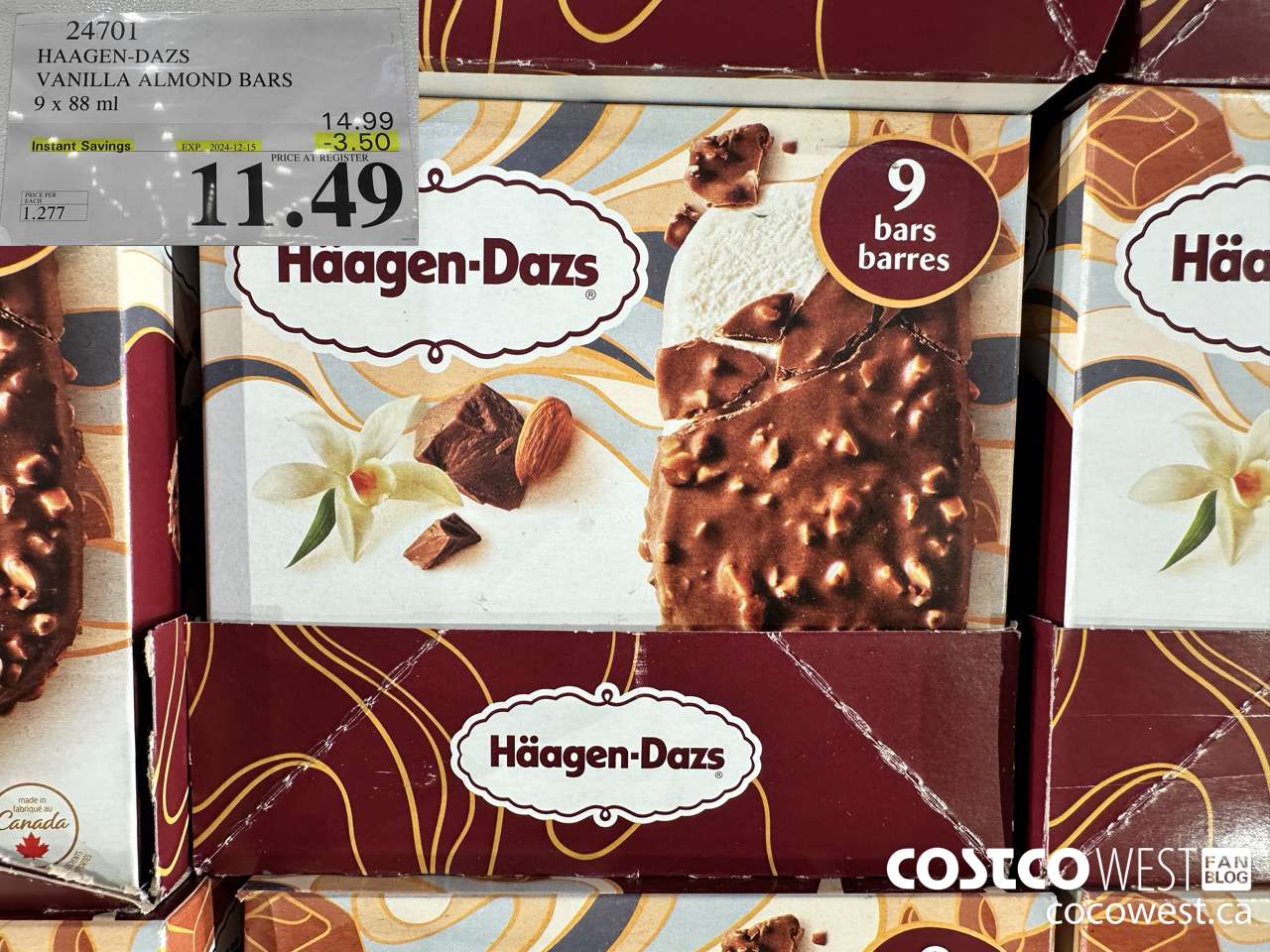 24701 HAAGEN-DAZS VANILLA ALMOND BARS 9 x 88 ml ($3.50 INSTANT SAVINGS EXPIRES ON 2024-12-15) $11.49