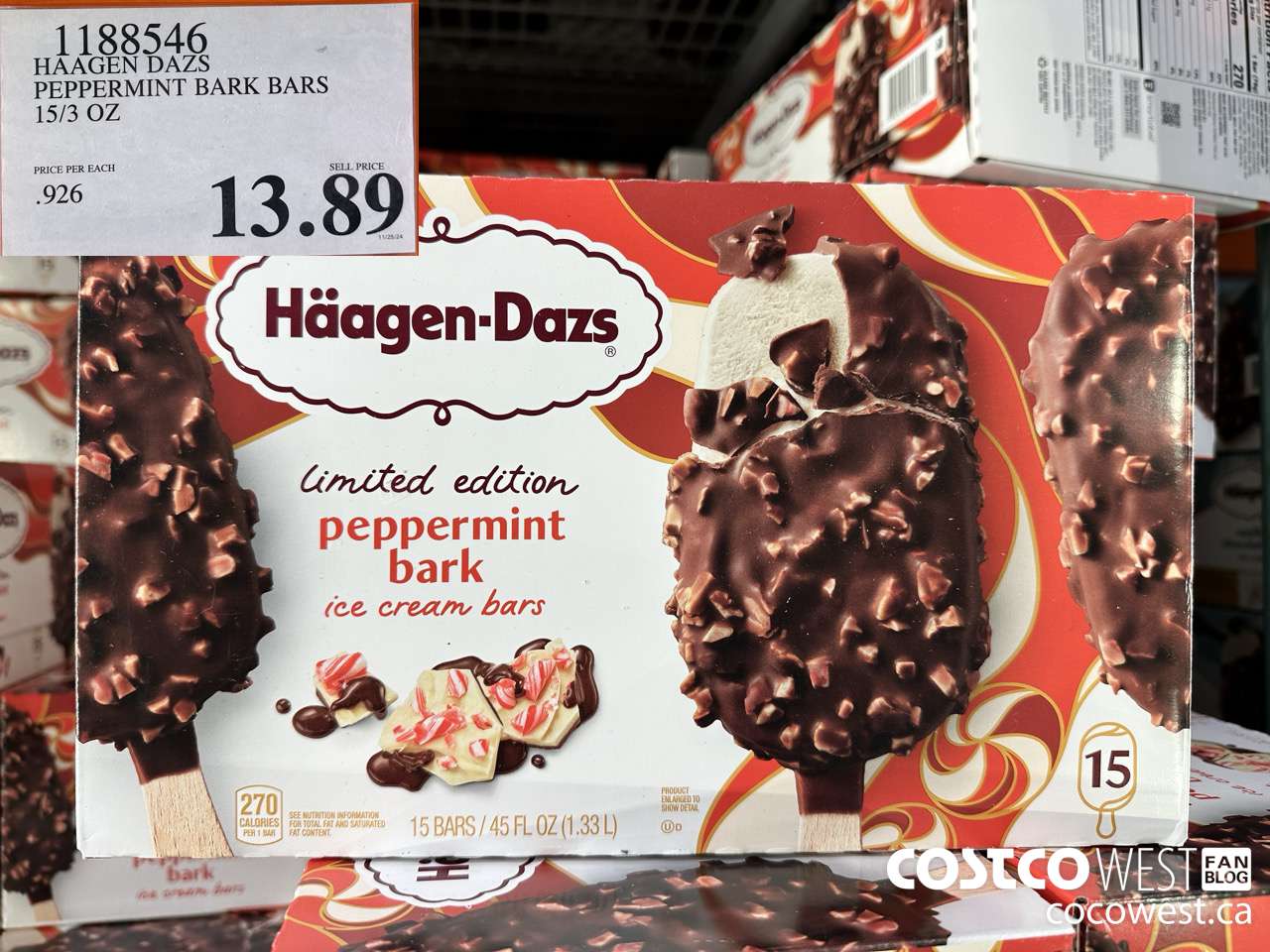 1188546 HAAGEN DAZS PEPPERMINT BARK BARS 15/3 OZ $13.89