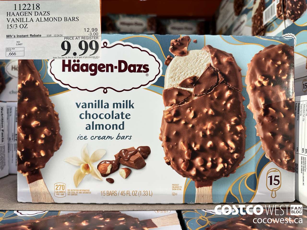 112218 HAAGEN DAZS VANILLA ALMOND BARS 15/3 OZ ($3.00 INSTANT SAVINGS EXPIRES ON 2024-12-24) $9.99