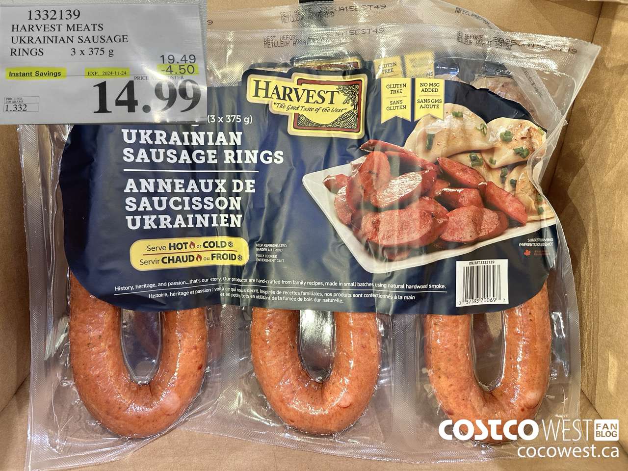 1332139 HARVEST MEATS UKRAINIAN SAUSAGE RINGS 3 x 375g ($4.50 INSTANT SAVINGS EXPIRES ON 2024-11-24) $14.99