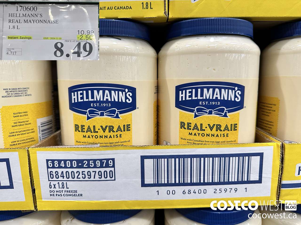 170600 HELLMANN'S REGULAR MAYONNAISE 1.8 L ($2.50 INSTANT SAVINGS EXPIRES ON 2024-11-10) $8.49