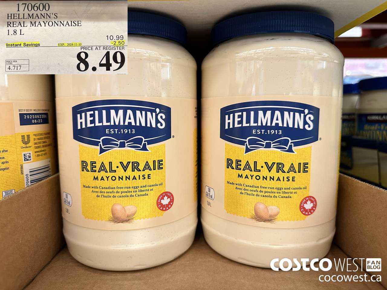 170600 HELLMANN'S REGULAR MAYONNAISE 1.8 L ($2.50 INSTANT SAVINGS EXPIRES ON 2024-11-10) $8.49