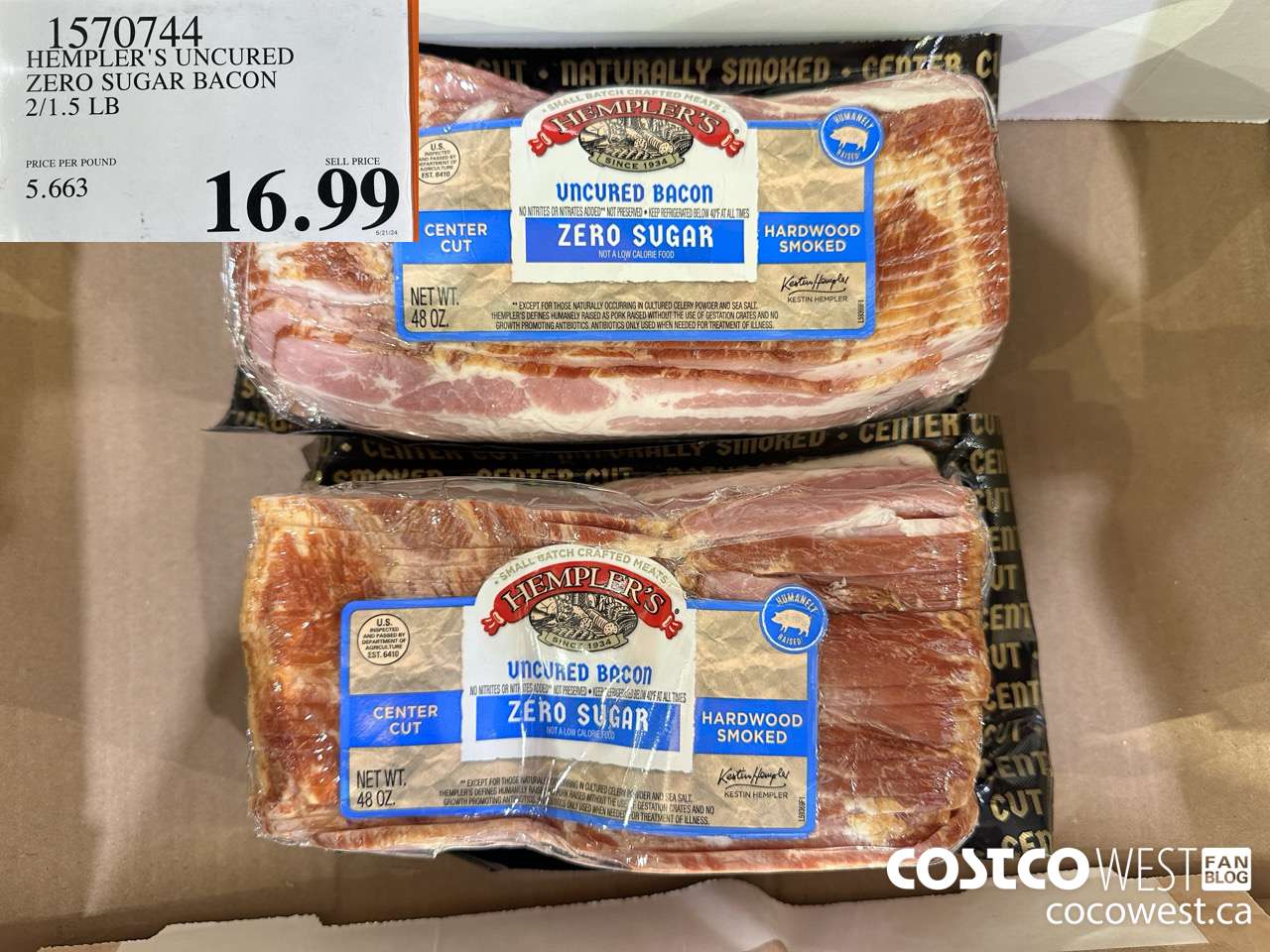 1570744 HEMPLER'S UNCURED ZERO SUGAR BACON 2/1.5 LB $16.99
