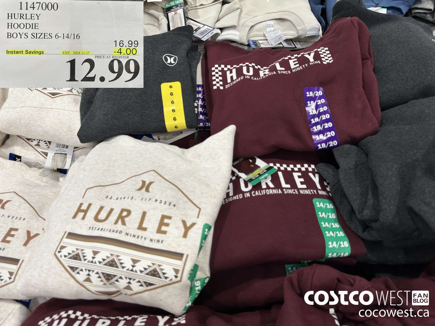 1147000 HURLEY HOODIE BOYS SIZES 6-18/20 ($4.00 INSTANT SAVINGS EXPIRES ON 2024-11-17) $12.99