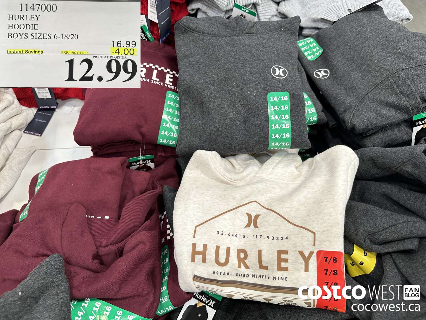 1147000 HURLEY HOODIE BOYS SIZES 6-18/20 ($4.00 INSTANT SAVINGS EXPIRES ON 2024-11-17) $12.99