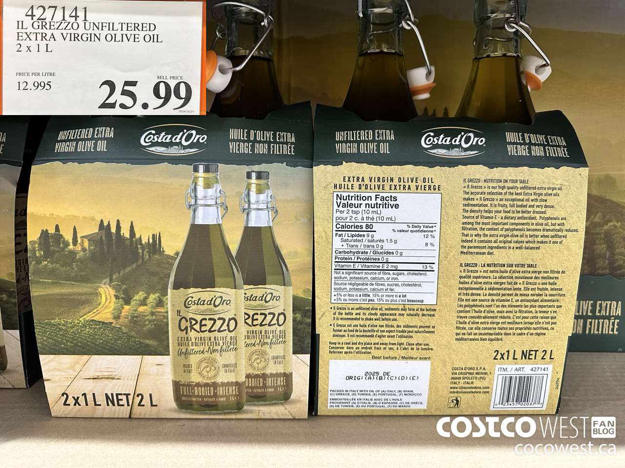 427141 IL GREZZO UNFILTERED OLIVE OIL 2 X 1 L EXTRA VIRGIN $25.99