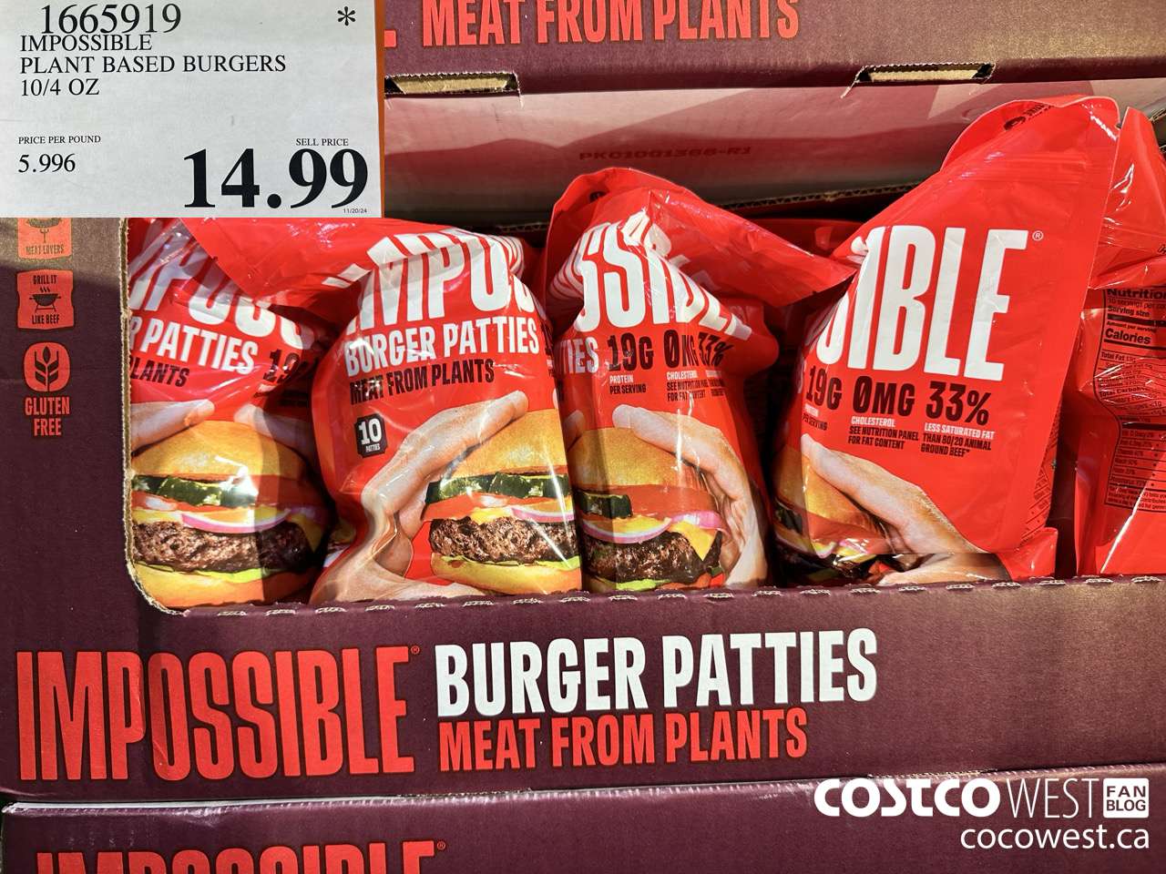 1665919 IMPOSSIBLE PLANT BASED BURGERS 10/4 OZ $14.99