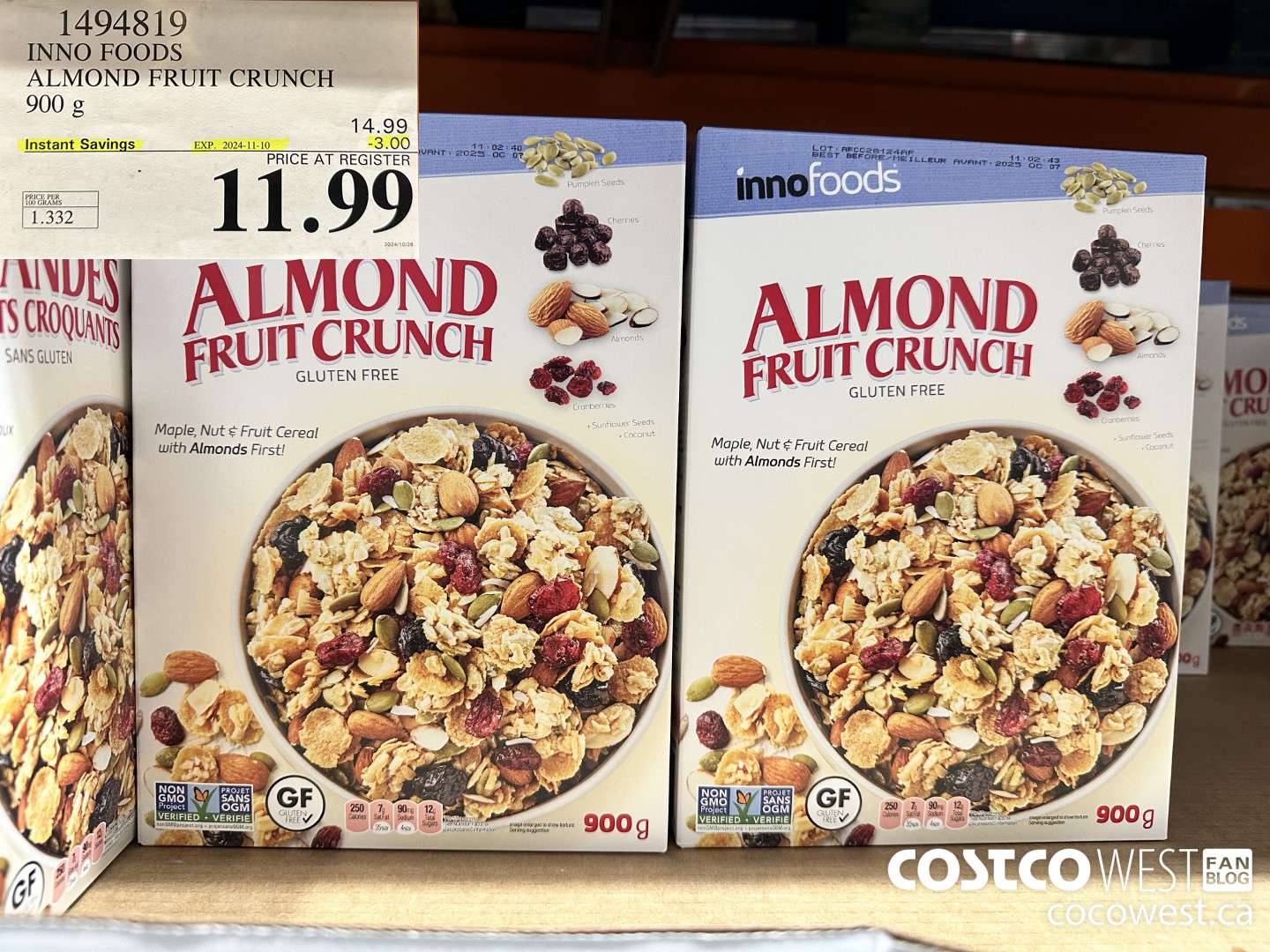 1494819 INNO FOODS ALMOND FRUIT CRUNCH 900 g ($3.00 INSTANT SAVINGS EXPIRES ON 2024-11-10) $11.99