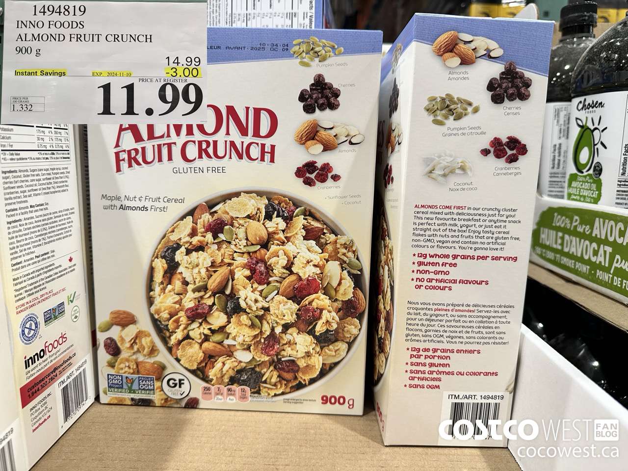 1494819 INNO FOODS ALMOND FRUIT CRUNCH 900 g ($3.00 INSTANT SAVINGS EXPIRES ON 2024-11-10) $11.99
