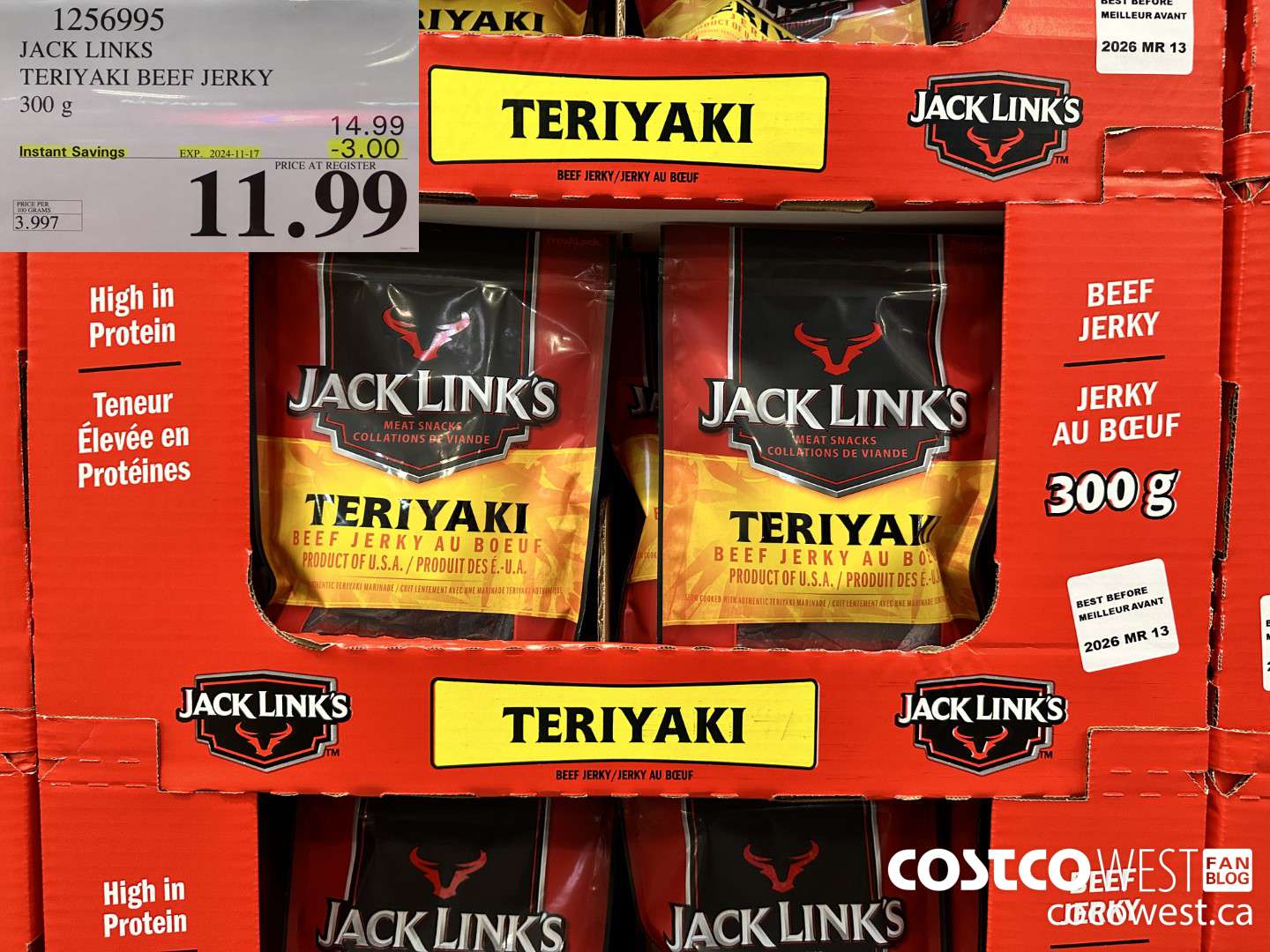 1256995 JACK LINKS TERIYAKI BEEF JERKY 300g ($3.00 INSTANT SAVINGS EXPIRES ON 2024-11-17) $11.99
