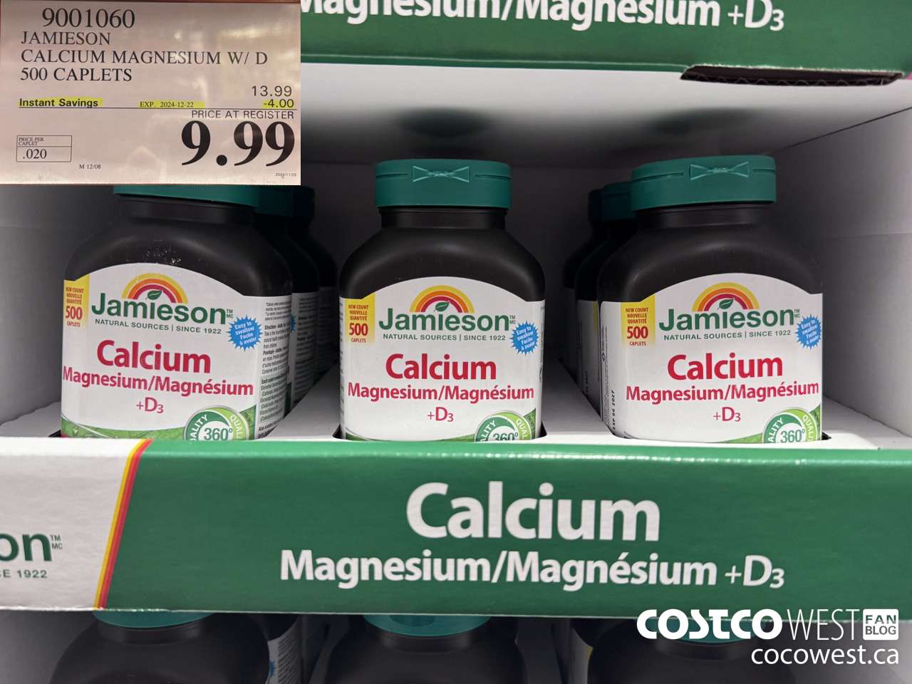 9001060 JAMIESON CALCIUM MAGNESIUM W/ VIT D 500 CAPLETS ($4.00 INSTANT SAVINGS EXPIRES ON 2024-12-22) $9.99