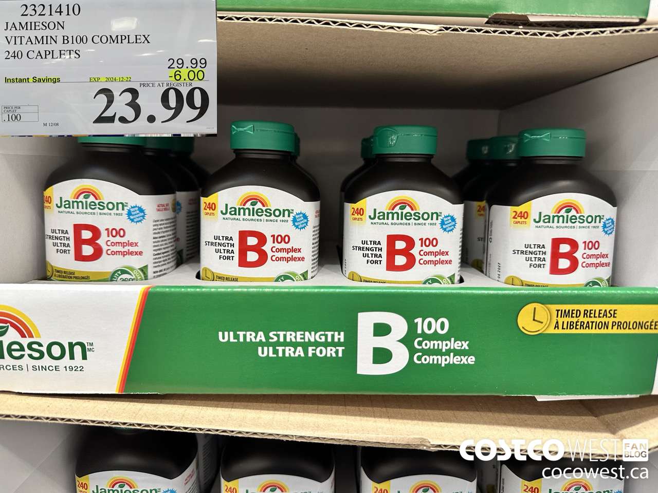 2321410 JAMIESON VITAMIN B100 COMPLEX 240 CAPLETS ($6.00 INSTANT SAVINGS EXPIRES ON 2024-12-22) $23.99