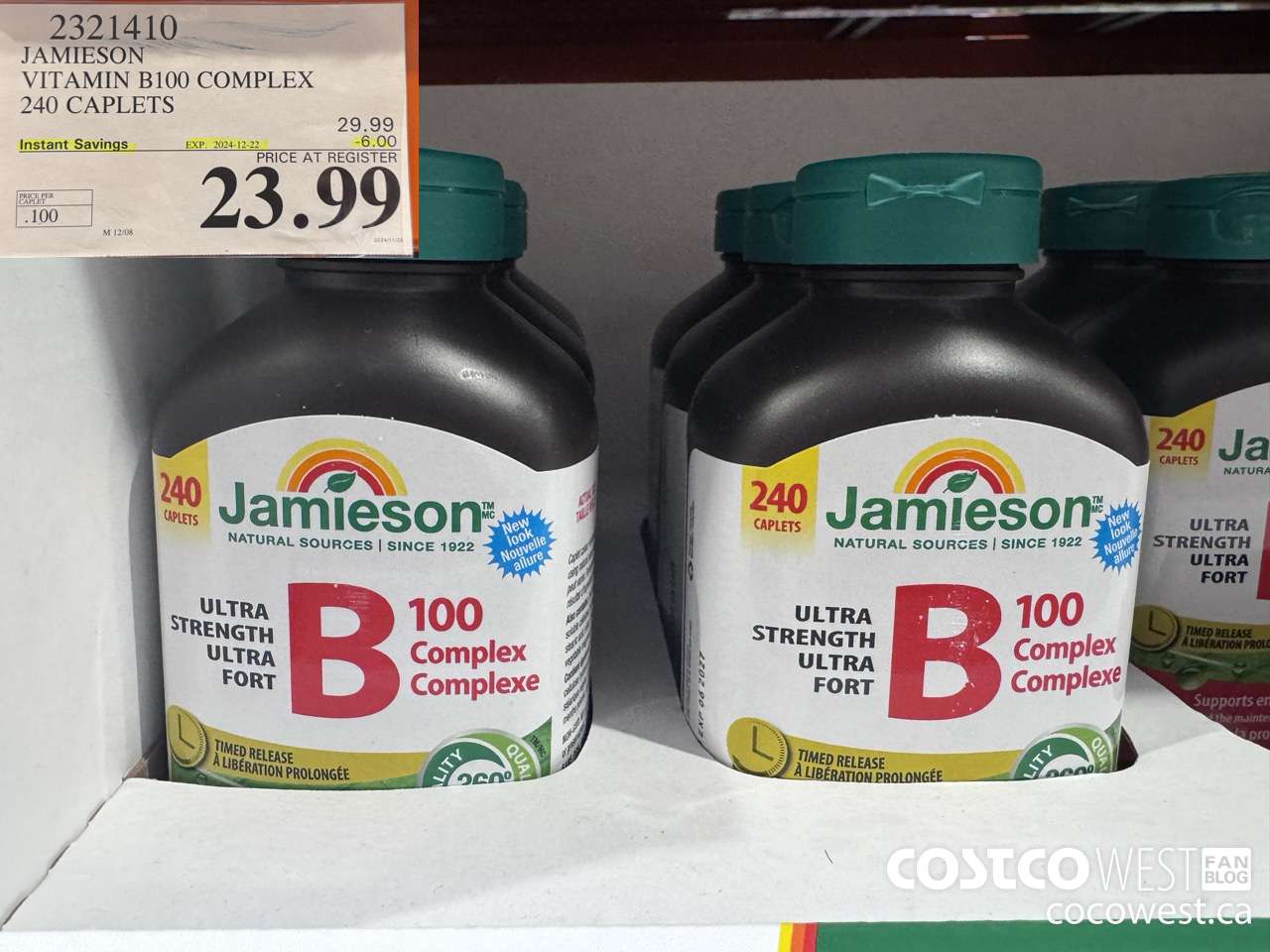 2321410 JAMIESON VITAMIN B100 COMPLEX 240 CAPLETS ($6.00 INSTANT SAVINGS EXPIRES ON 2024-12-22) $23.99