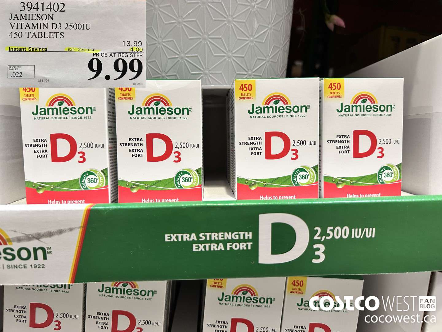 3941402 JAMIESON VITAMIN D3 2500IU 450 TABLETS ($4.00 INSTANT SAVINGS EXPIRES ON 2024-11-24) $9.99