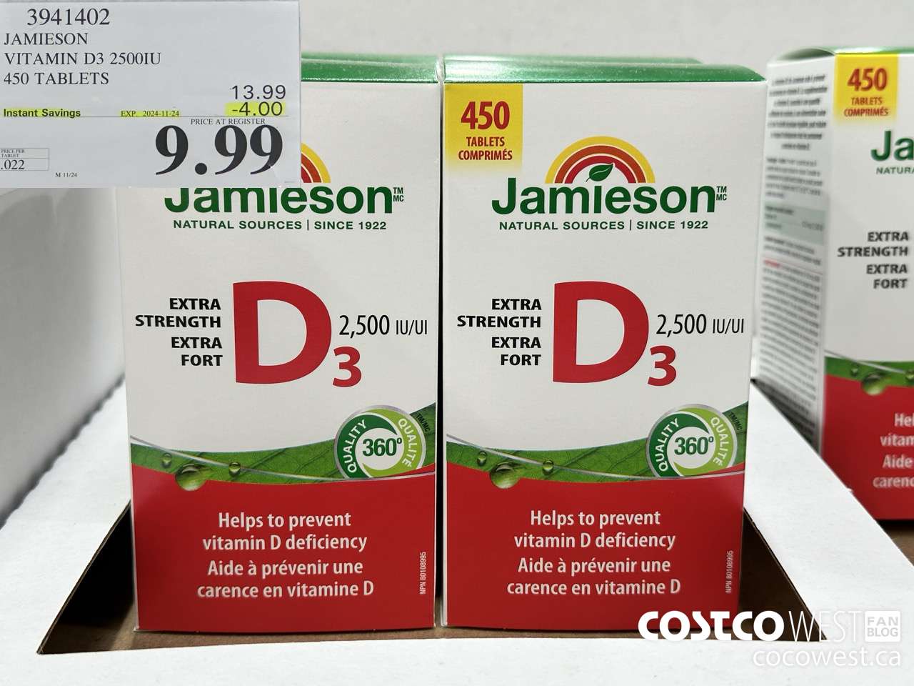 3941402 JAMIESON VITAMIN D3 2500IU 450 TABLETS ($4.00 INSTANT SAVINGS EXPIRES ON 2024-11-24) $9.99