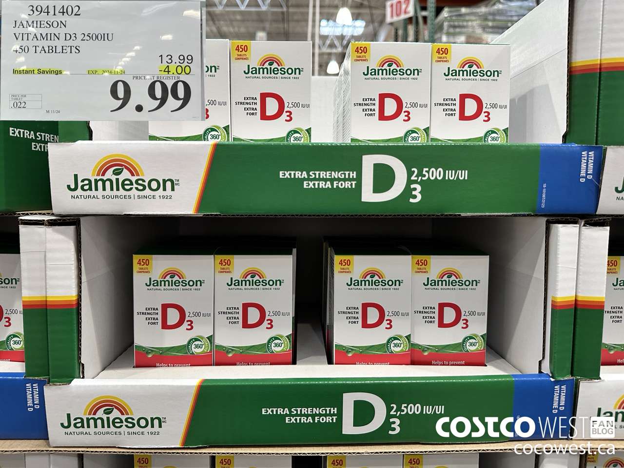 3941402 JAMIESON VITAMIN D3 2500IU 450 TABLETS ($4.00 INSTANT SAVINGS EXPIRES ON 2024-11-24) $9.99