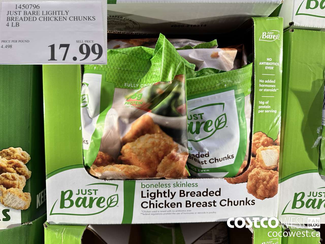 1450796 JUST BARE LIGHTLY BREADED CHICKEN CHUNKS 4 LB $17.99