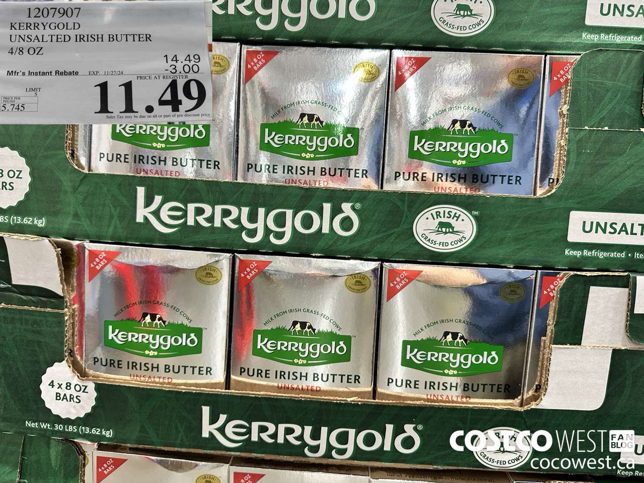 1207907 KERRYGOLD UNSALTED IRISH BUTTER 4/8 OZ ($3.00 INSTANT SAVINGS EXPIRES ON 2024-11-27) $11.49