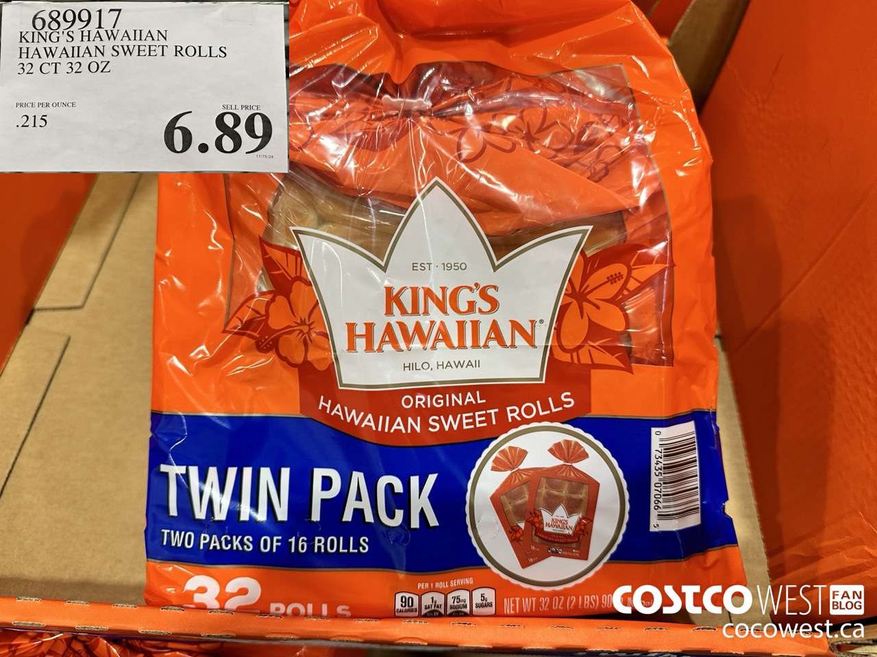 689917 KING'S HAWAIIAN HAWAIIAN SWEET ROLLS 2/16 CT 32 OZ $6.89