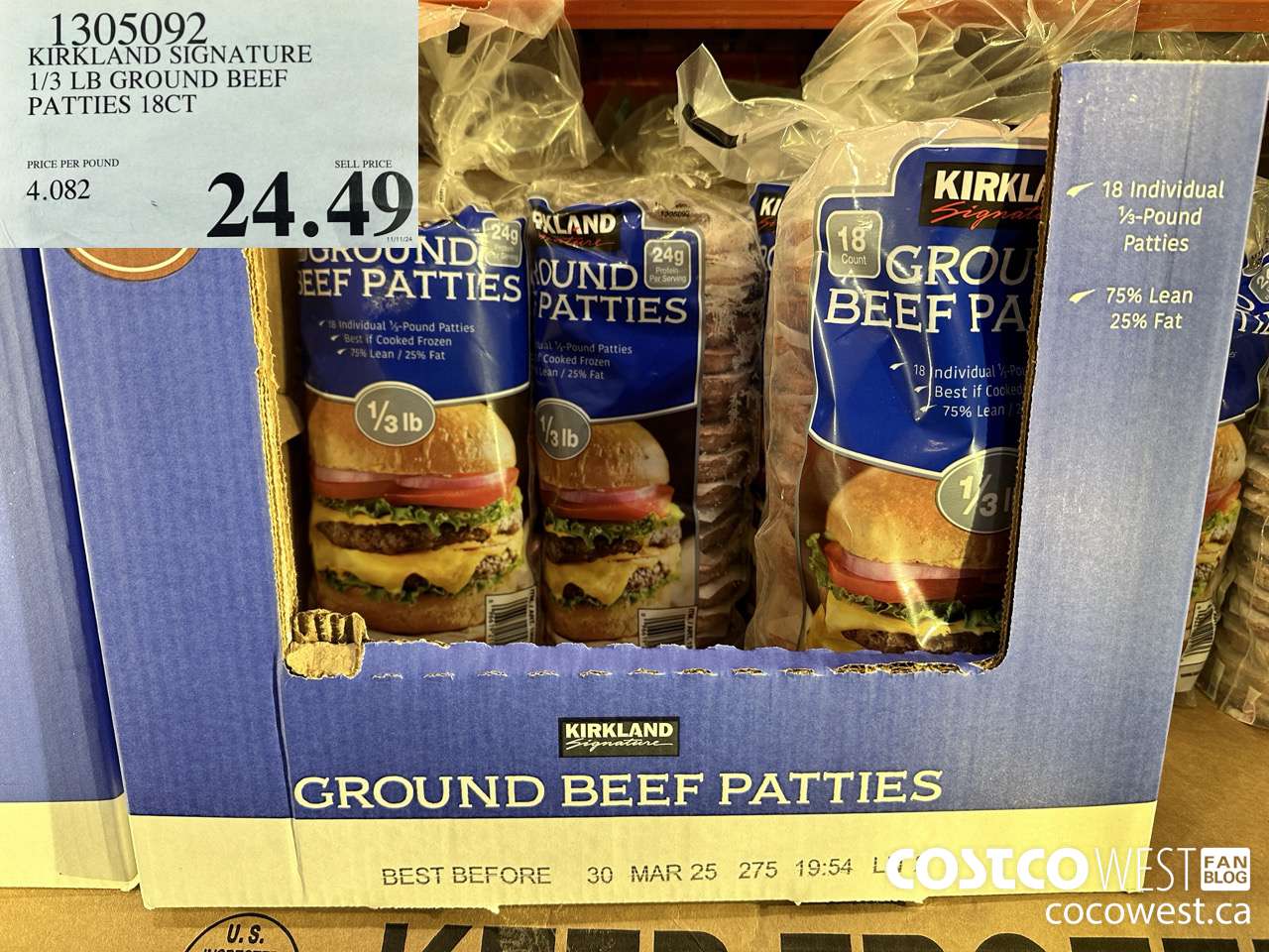 1305092 KIRKLAND SIGNATURE 1/3LB GROUND BEEF PATTIES 18CT $24.49