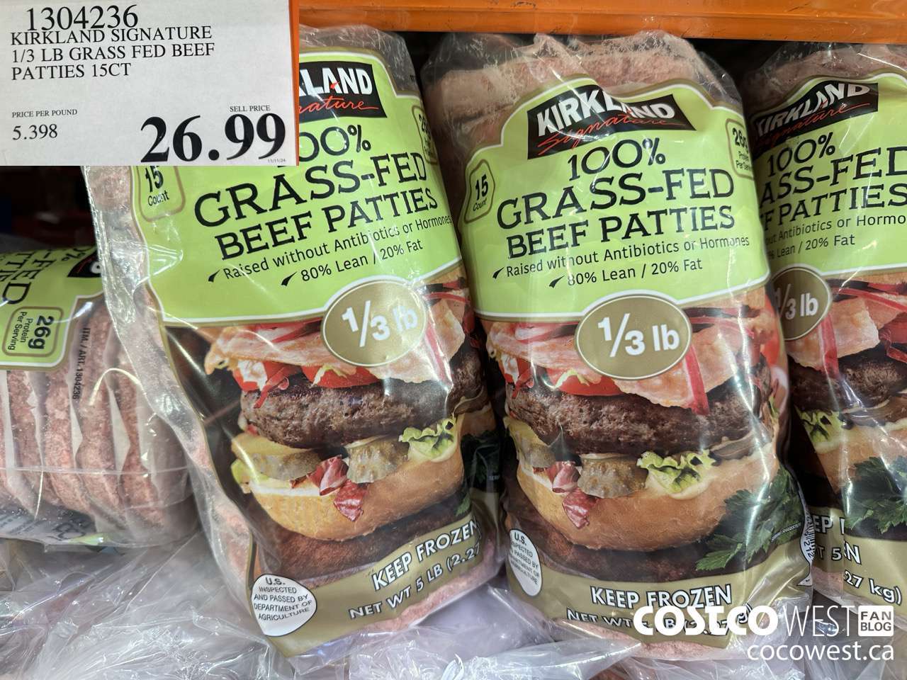 1304236 KIRKLAND SIGNATURE 1/3 LB GRASS FED BEEF PATTIES 15 CT $26.99