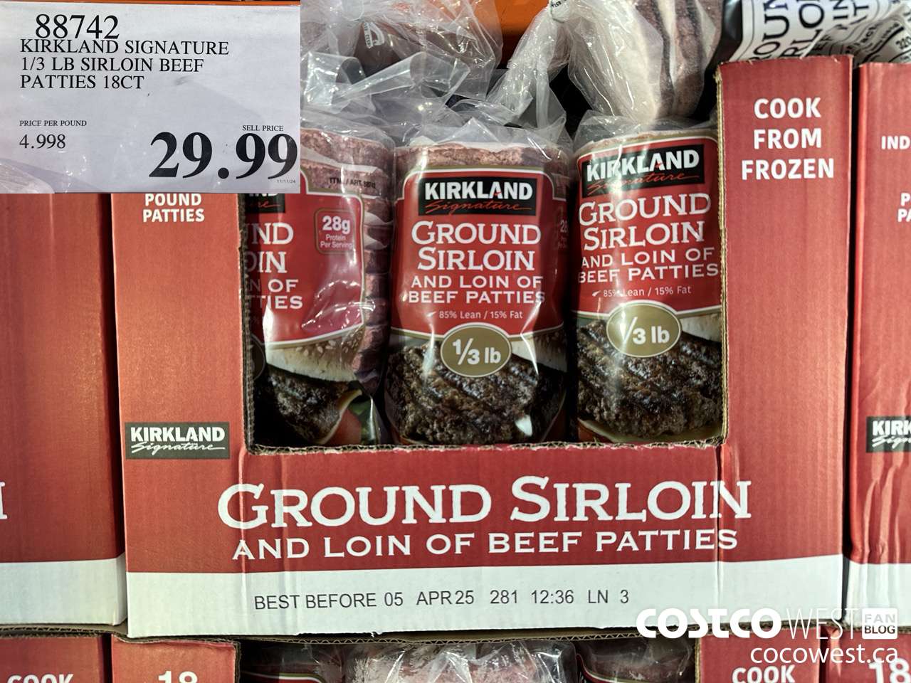 88742 KIRKLAND SIGNATURE 1/3 LB SIRLOIN BEEF PATTIES 18CT $29.99