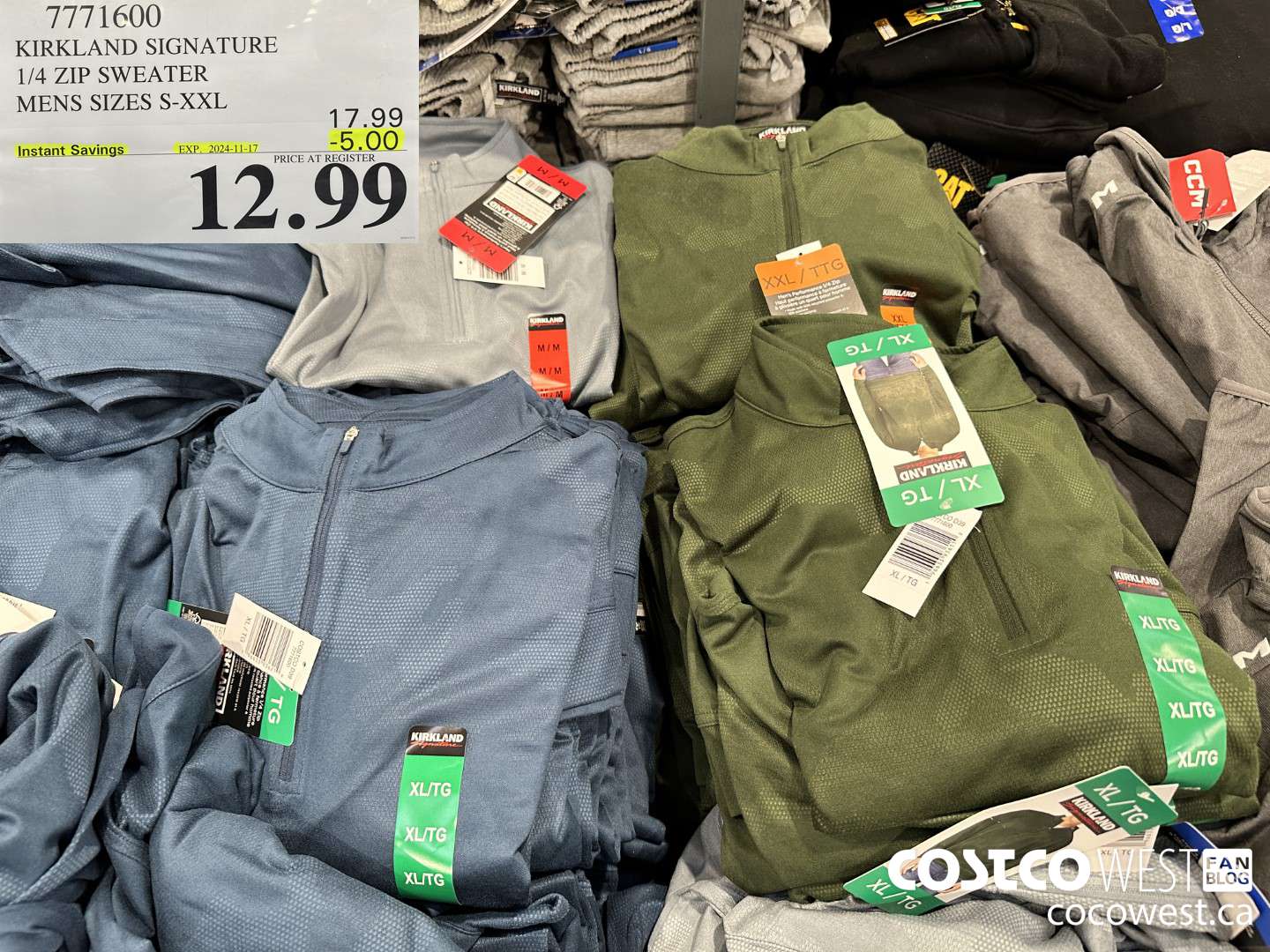 7771600 KIRKLAND SIGNATURE 1/4 ZIP SWEATER MENS SIZES S-XXL ($5.00 INSTANT SAVINGS EXPIRES ON 2024-11-17) $12.99