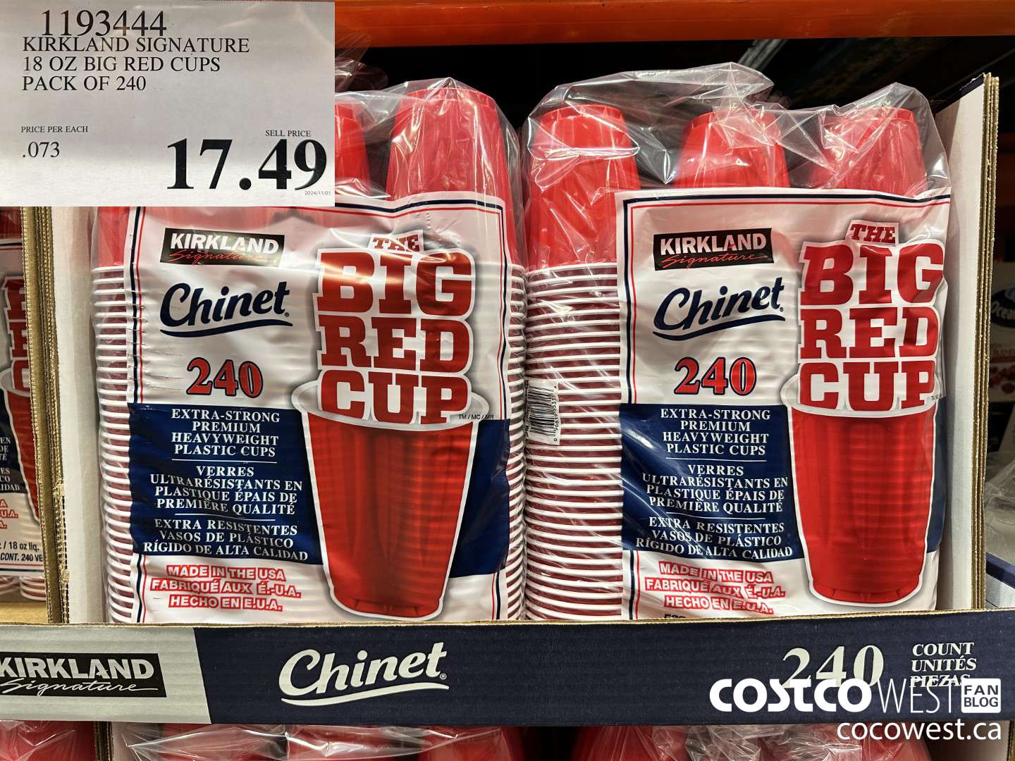 1193444 KIRKLAND SIGNATURE 18 OZ BIG RED CUPS PACK OF 240 $17.49
